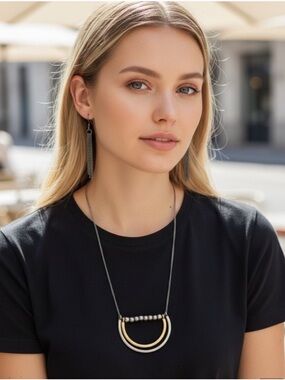 Modern Two-Tone Semi-Circle Necklace and Earring Set- Gold and Gunmetal